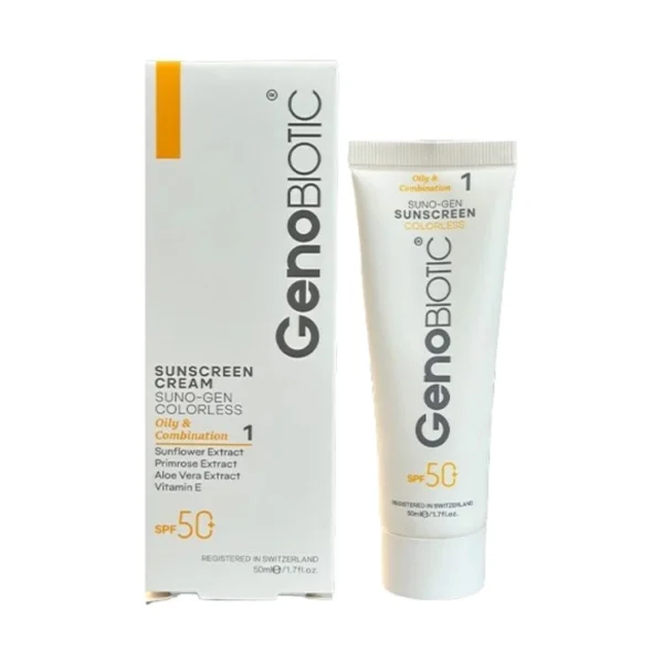 کرم ضد آفتاب SPF50 ژنوبایوتیک ۰۱ بی‌رنگ ۵۰ گرم 08499849